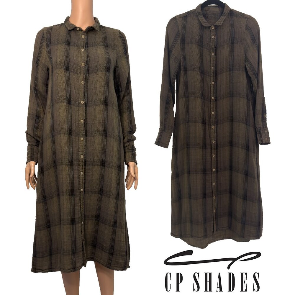 CP Shades Cotton Button-Down Shirt-Dress Plaid Green Women’s Small